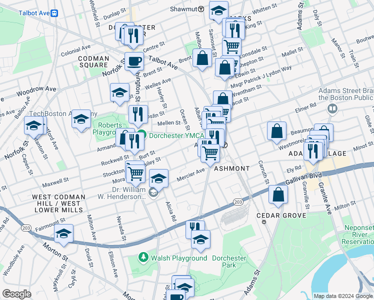 map of restaurants, bars, coffee shops, grocery stores, and more near 12 Clermont Street in Boston