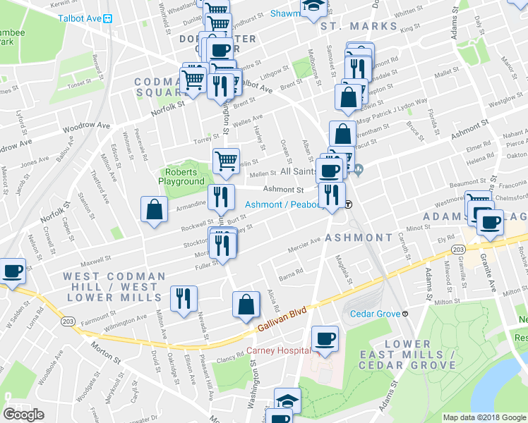 map of restaurants, bars, coffee shops, grocery stores, and more near 6 Atherstone Street in Boston