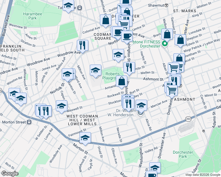 map of restaurants, bars, coffee shops, grocery stores, and more near 39 Rockwell Street in Boston