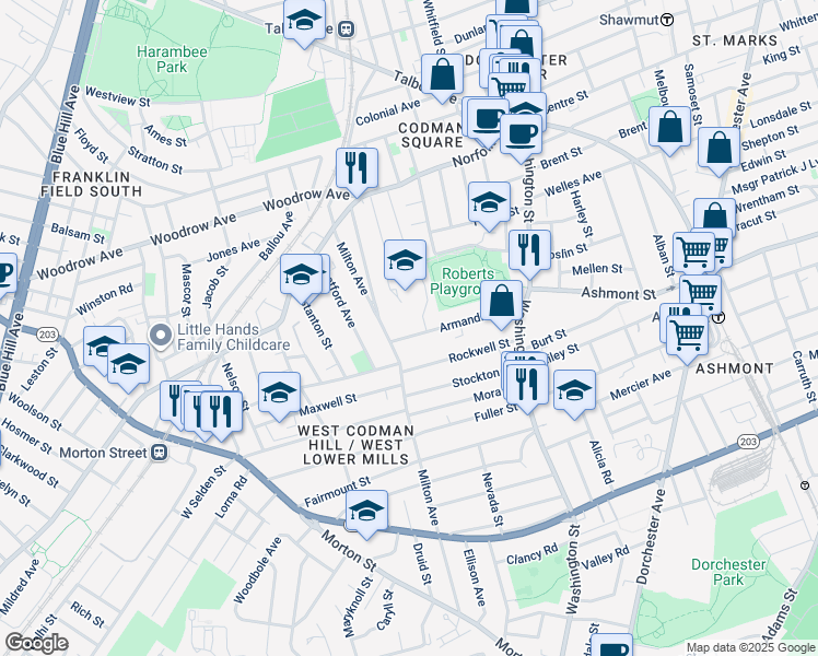 map of restaurants, bars, coffee shops, grocery stores, and more near 82 Milton Avenue in Boston
