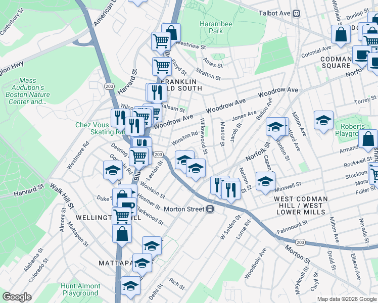 map of restaurants, bars, coffee shops, grocery stores, and more near 37 Wildwood Street in Boston