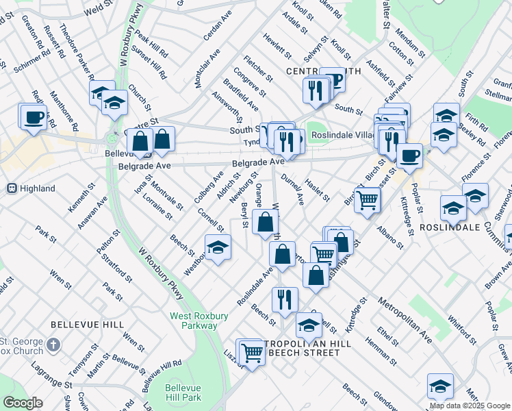 map of restaurants, bars, coffee shops, grocery stores, and more near 32 Hillock Street in Boston