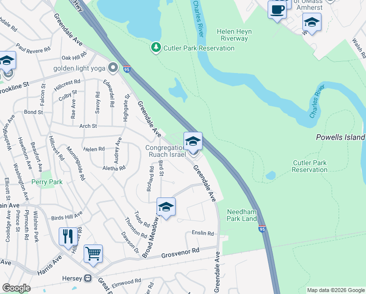 map of restaurants, bars, coffee shops, grocery stores, and more near 754 Greendale Avenue in Needham