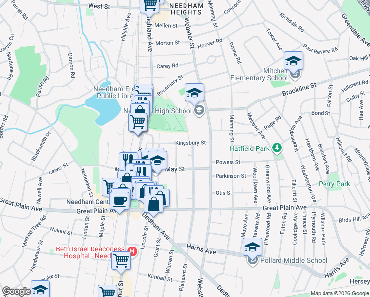 map of restaurants, bars, coffee shops, grocery stores, and more near 31 Fair Oaks Park in Needham