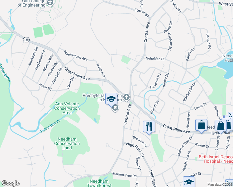 map of restaurants, bars, coffee shops, grocery stores, and more near 1458 Great Plain Avenue in Needham