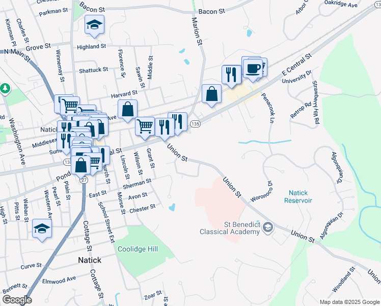 map of restaurants, bars, coffee shops, grocery stores, and more near 21 1/2 Union Street in Natick