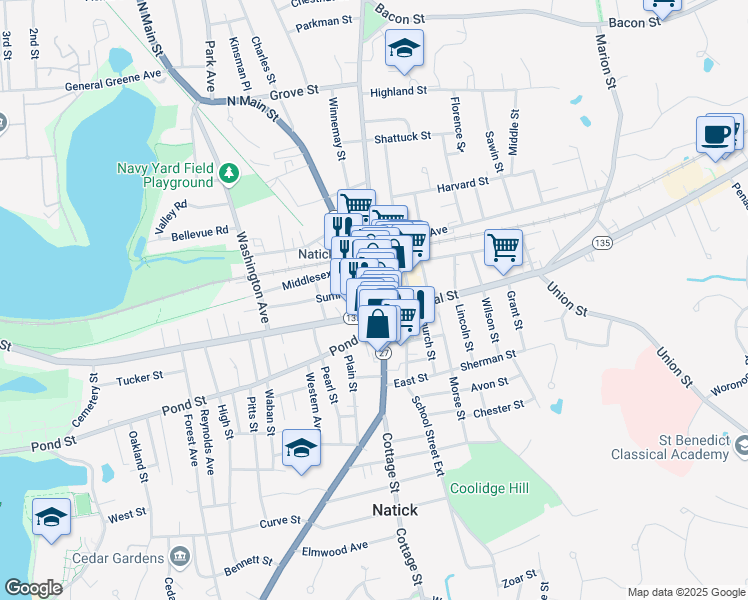 map of restaurants, bars, coffee shops, grocery stores, and more near 27 South Main Street in Natick