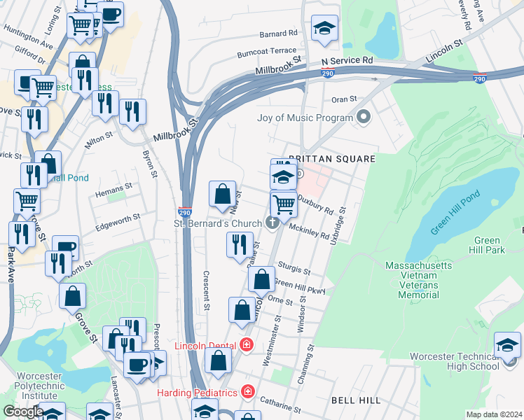map of restaurants, bars, coffee shops, grocery stores, and more near 6 Harlow Street in Worcester