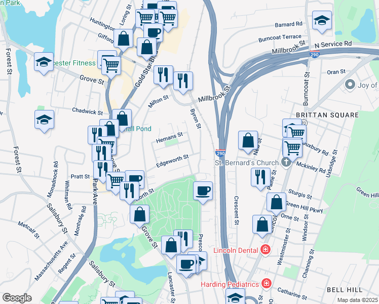 map of restaurants, bars, coffee shops, grocery stores, and more near 16 Sigourney Street in Worcester