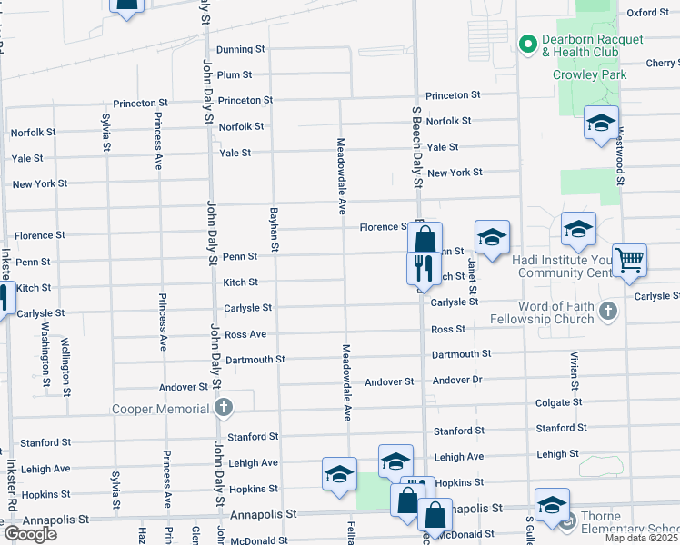 map of restaurants, bars, coffee shops, grocery stores, and more near 3631 Meadowdale Street in Inkster