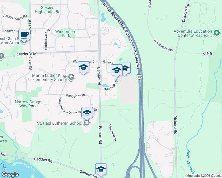 map of restaurants, bars, coffee shops, grocery stores, and more near 744 Greenhills Drive in Ann Arbor