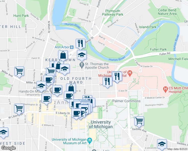 map of restaurants, bars, coffee shops, grocery stores, and more near 311 North Ingalls Street in Ann Arbor