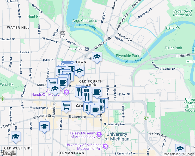 map of restaurants, bars, coffee shops, grocery stores, and more near in Ann Arbor