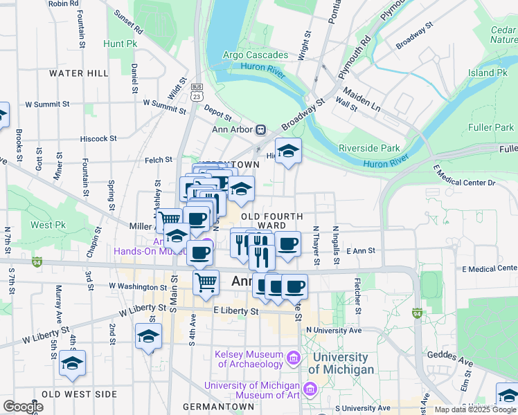 map of restaurants, bars, coffee shops, grocery stores, and more near 306 North Division Street in Ann Arbor