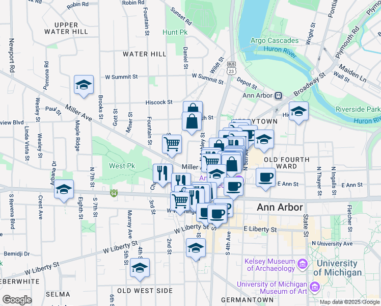 map of restaurants, bars, coffee shops, grocery stores, and more near 310 Miller Avenue in Ann Arbor