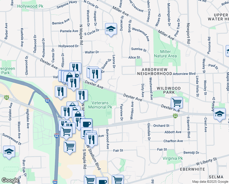 map of restaurants, bars, coffee shops, grocery stores, and more near 2225 Dexter Avenue in Ann Arbor