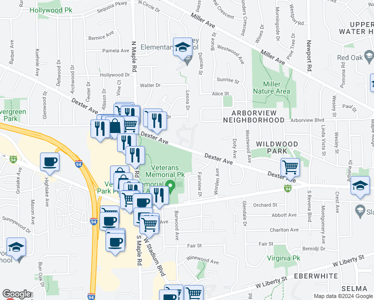 map of restaurants, bars, coffee shops, grocery stores, and more near 2225 Dexter Avenue in Ann Arbor