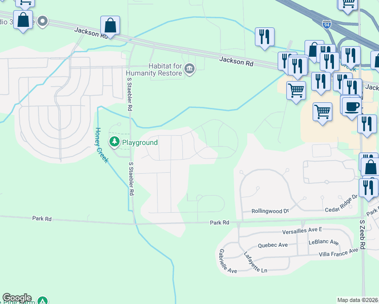 map of restaurants, bars, coffee shops, grocery stores, and more near 6217 South Trailwoods Drive in Ann Arbor