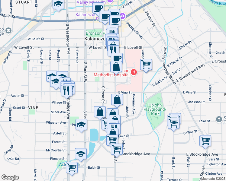 map of restaurants, bars, coffee shops, grocery stores, and more near 119 West Vine Street in Kalamazoo