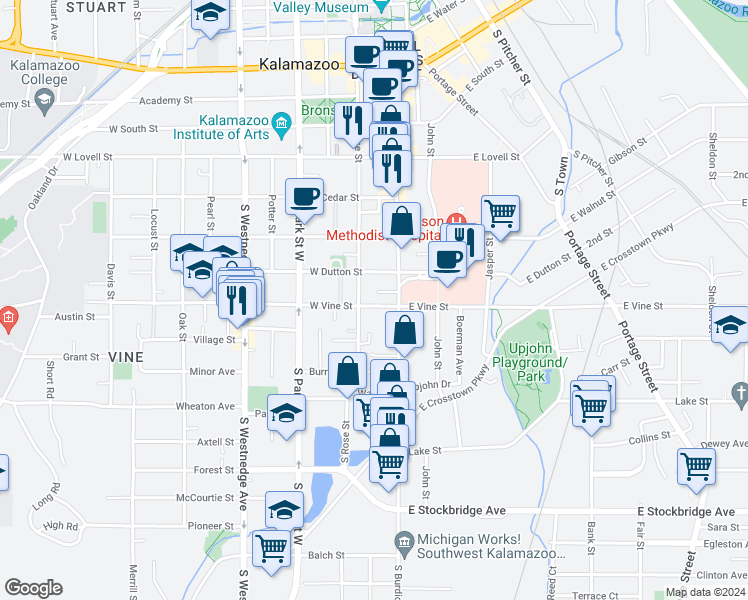 map of restaurants, bars, coffee shops, grocery stores, and more near 119 West Vine Street in Kalamazoo