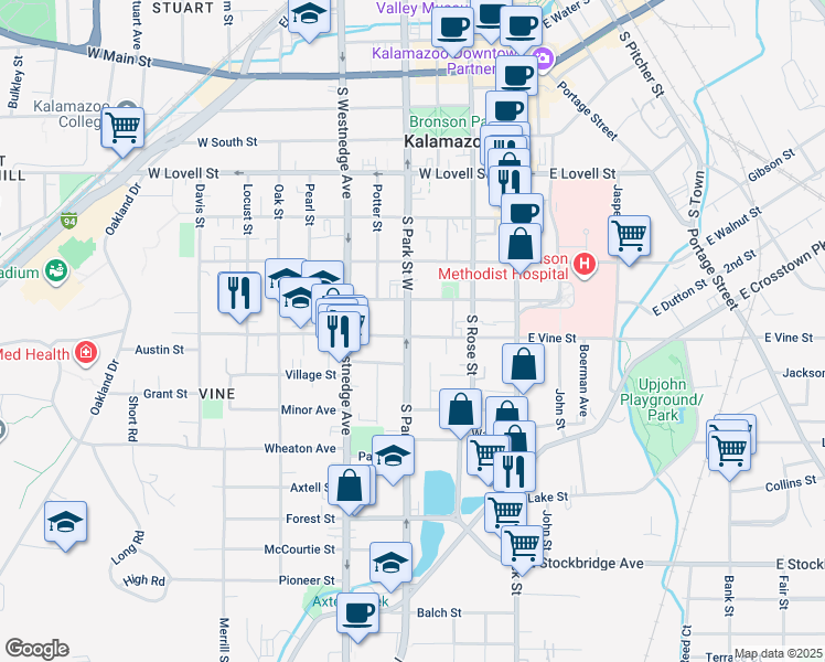 map of restaurants, bars, coffee shops, grocery stores, and more near 817 South Park Street in Kalamazoo