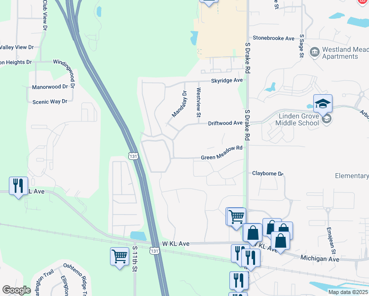 map of restaurants, bars, coffee shops, grocery stores, and more near 5290 Green Meadow Road in Kalamazoo