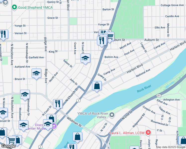map of restaurants, bars, coffee shops, grocery stores, and more near 1201 North Main Street in Rockford