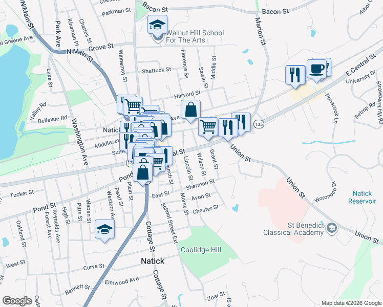 map of restaurants, bars, coffee shops, grocery stores, and more near 7 Wilson Street in Natick