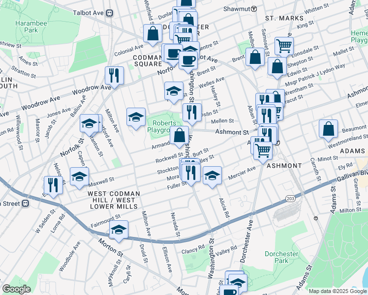 map of restaurants, bars, coffee shops, grocery stores, and more near 815 Washington Street in Boston