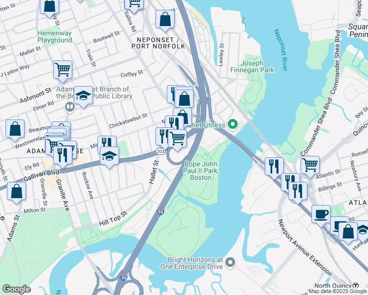 map of restaurants, bars, coffee shops, grocery stores, and more near 757 Gallivan Boulevard in Boston