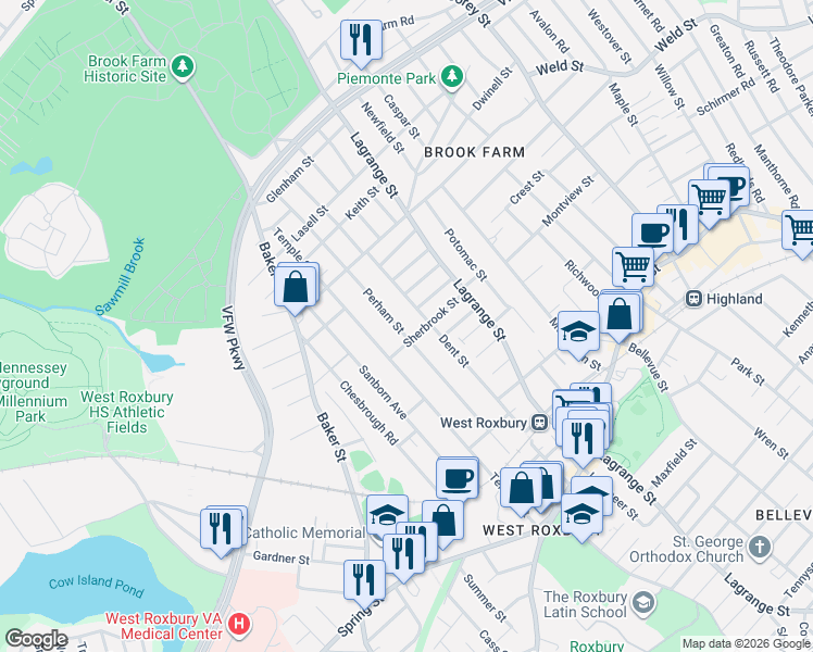 map of restaurants, bars, coffee shops, grocery stores, and more near 199 Temple Street in Boston
