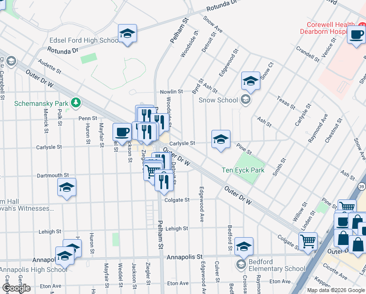 map of restaurants, bars, coffee shops, grocery stores, and more near 22291 West Outer Drive in Dearborn