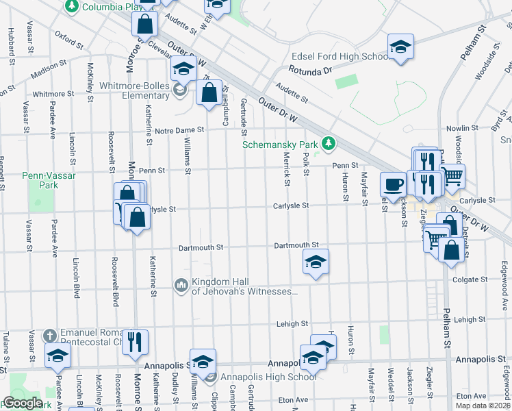 map of restaurants, bars, coffee shops, grocery stores, and more near 3730 Gertrude Street in Dearborn