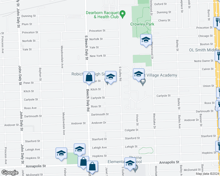 map of restaurants, bars, coffee shops, grocery stores, and more near 25610 Carlysle Street in Dearborn Heights