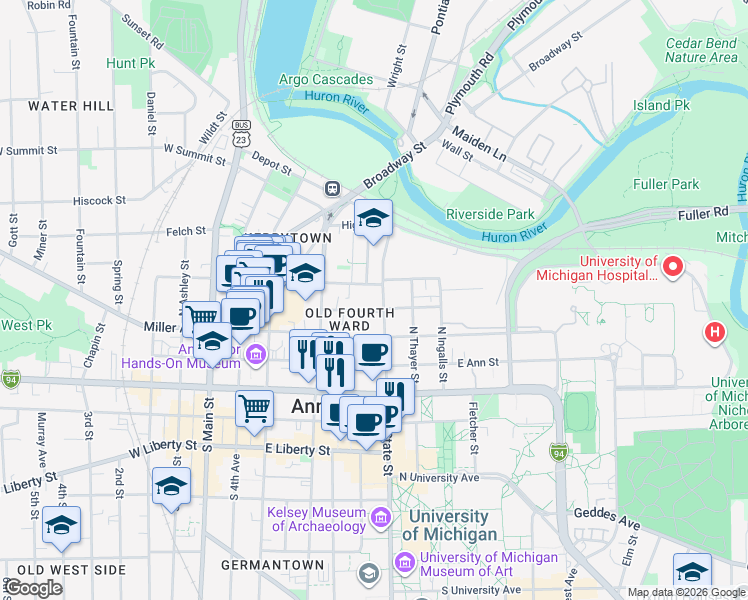 map of restaurants, bars, coffee shops, grocery stores, and more near in Ann Arbor