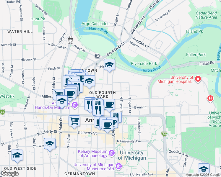map of restaurants, bars, coffee shops, grocery stores, and more near 411 North State Street in Ann Arbor