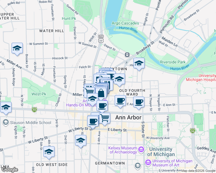 map of restaurants, bars, coffee shops, grocery stores, and more near 303 North 5th Avenue in Ann Arbor