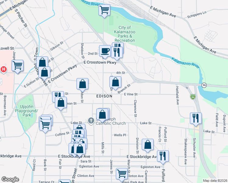 map of restaurants, bars, coffee shops, grocery stores, and more near 1220 East Vine Street in Kalamazoo
