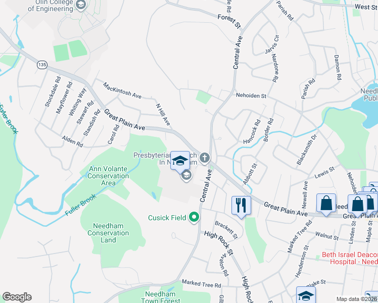 map of restaurants, bars, coffee shops, grocery stores, and more near 1480 Great Plain Avenue in Needham