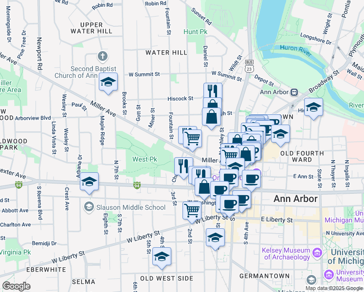 map of restaurants, bars, coffee shops, grocery stores, and more near 439 Spring Street in Ann Arbor