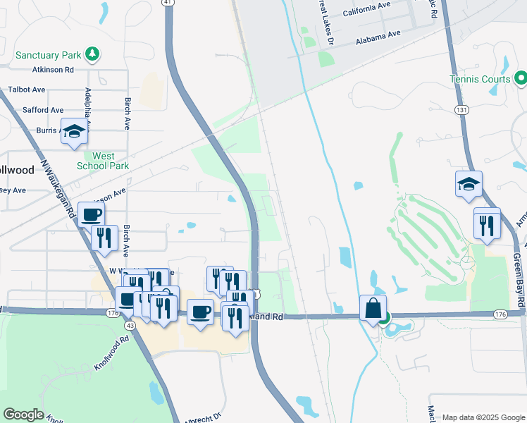 map of restaurants, bars, coffee shops, grocery stores, and more near 211 Central Skokie Road in Lake Bluff