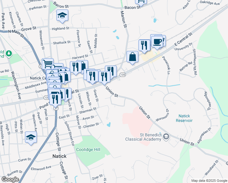 map of restaurants, bars, coffee shops, grocery stores, and more near 109 East Central Street in Natick