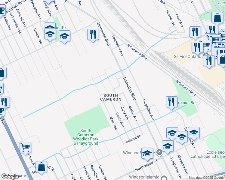 map of restaurants, bars, coffee shops, grocery stores, and more near 2011 Curry Avenue in Windsor