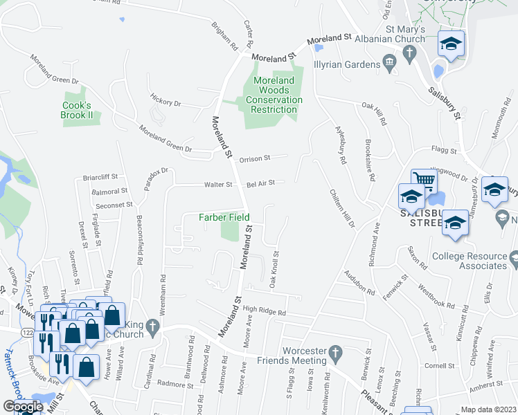 map of restaurants, bars, coffee shops, grocery stores, and more near 41 Hill Top Circle in Worcester