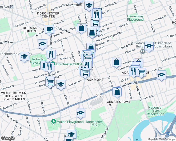 map of restaurants, bars, coffee shops, grocery stores, and more near 1906 Dorchester Avenue in Boston