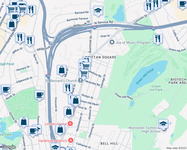 map of restaurants, bars, coffee shops, grocery stores, and more near 12 Duxbury Road in Worcester