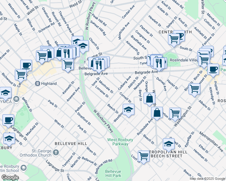 map of restaurants, bars, coffee shops, grocery stores, and more near 59 Bradwood Street in Boston