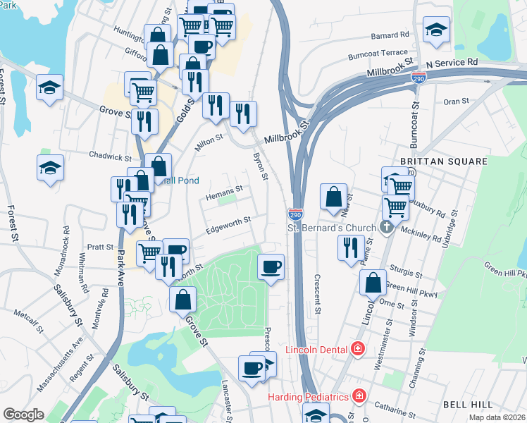 map of restaurants, bars, coffee shops, grocery stores, and more near 2 Edgeworth Street in Worcester