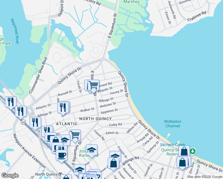 map of restaurants, bars, coffee shops, grocery stores, and more near 57 Conant Road in Quincy
