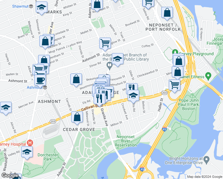 map of restaurants, bars, coffee shops, grocery stores, and more near 30-32 Chelmsford Street in Boston